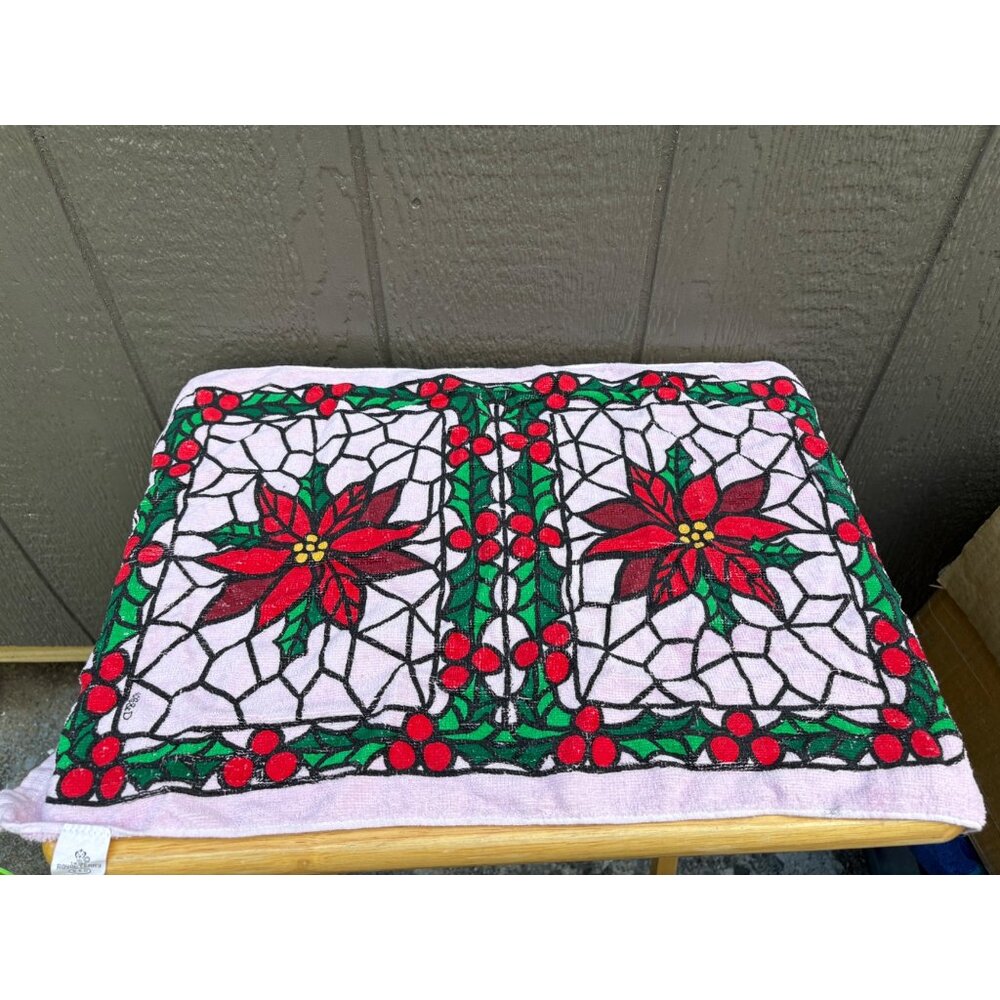Vintage Royal Terry Christmas Pink Poinsettia Hand Towel Stained Glass Design